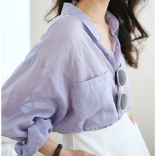 法式复古淡紫色亚麻衬衫女夏季薄款透气防晒衬衣宽松慵懒长袖上衣