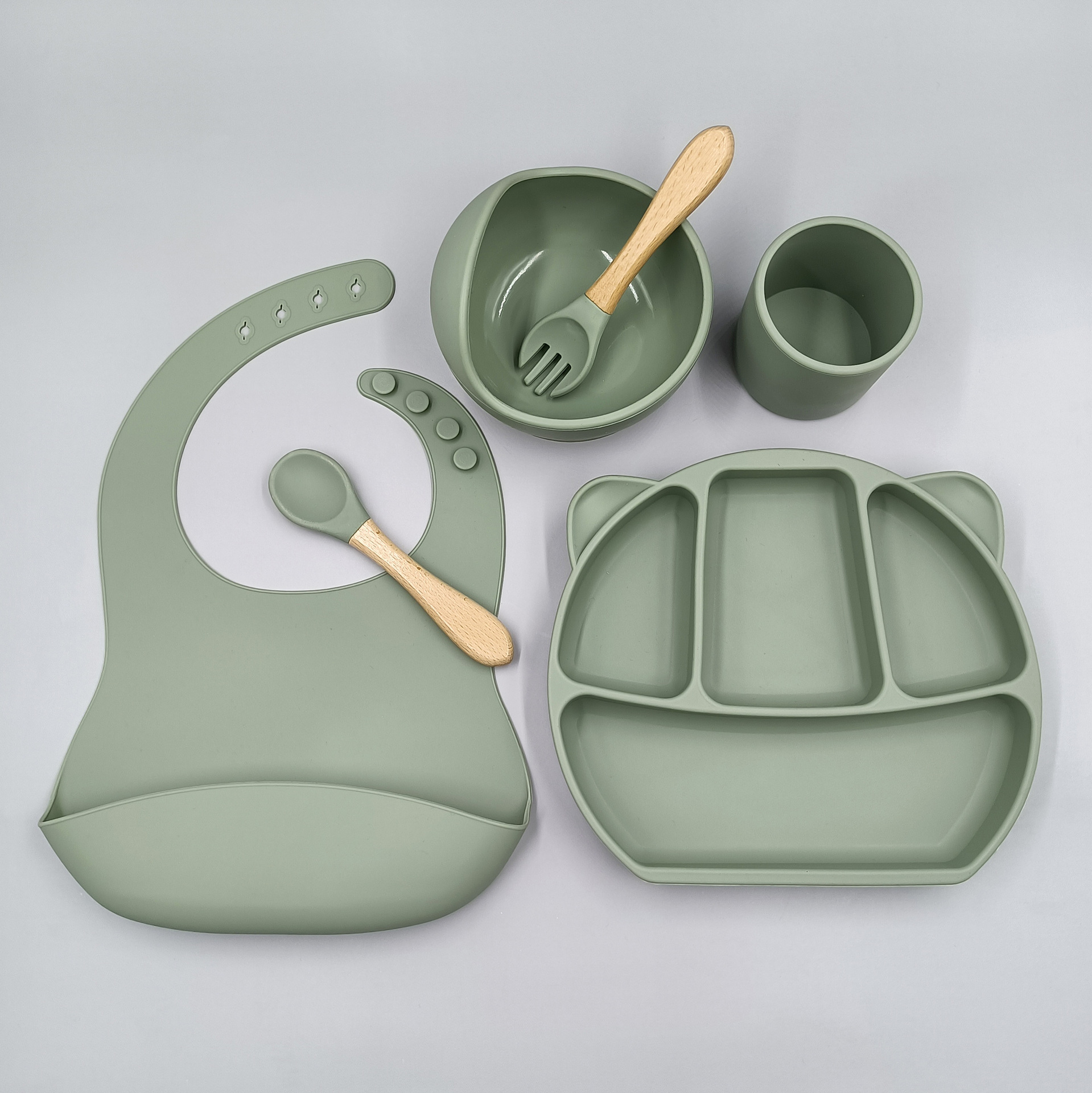 跨境爆款宝宝餐具硅胶口水兜辅食碗儿童餐盘防摔水杯叉勺子6件套