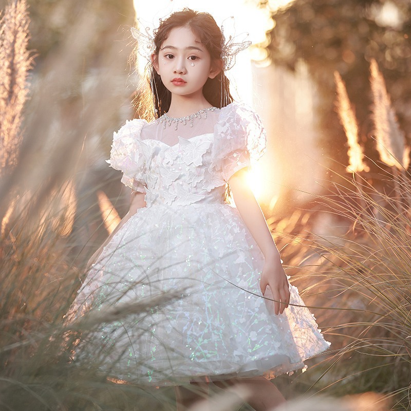 白色礼服女童公主裙儿童走秀小女孩花童主持人钢琴演奏演出服