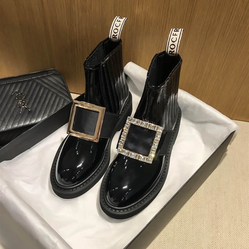 水钻rv方扣马丁靴女鞋平底一脚蹬秋冬靴子增高亮漆皮切尔西短靴女