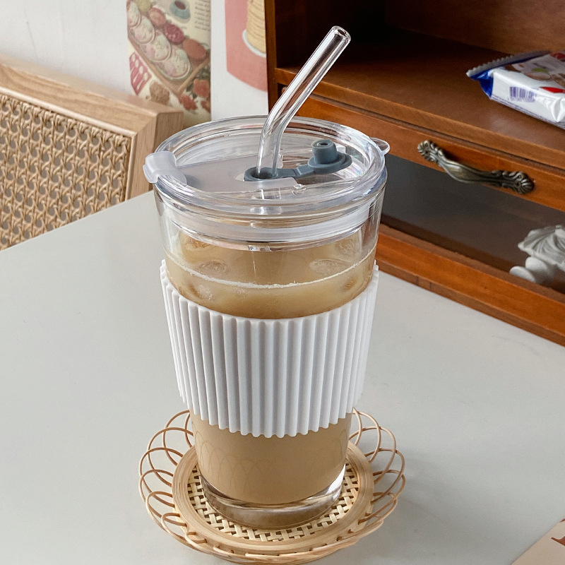 Large-Capacity Water Cup Ins Simple Glass Straw Cup Korean Student Coffee Cup Milk Cup Internet Celebrity Cup with Lid