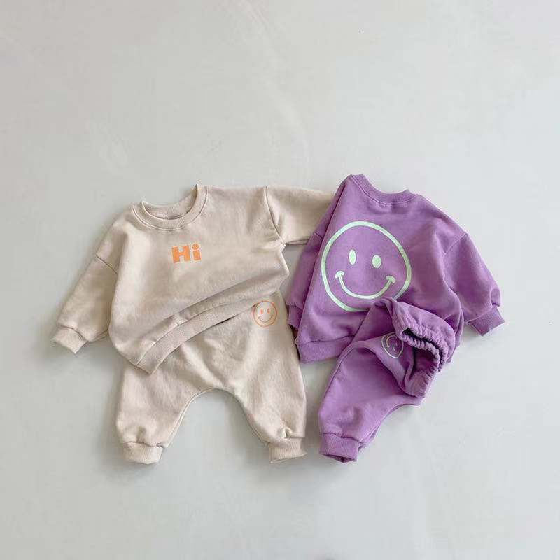 Ins Spring and Autumn Infant Baby Smiley Hi Sweater Suit Boys and Girls Sports Sweater Two-Piece Suit Fashion Baby Clothes