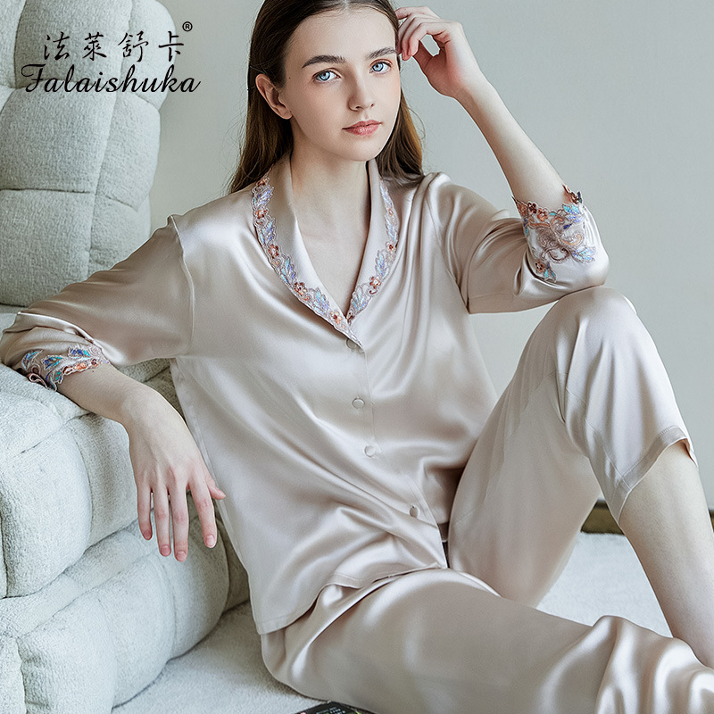 2024春季新款真丝睡衣花边宽松桑蚕丝家居服长袖中式可外穿t8717