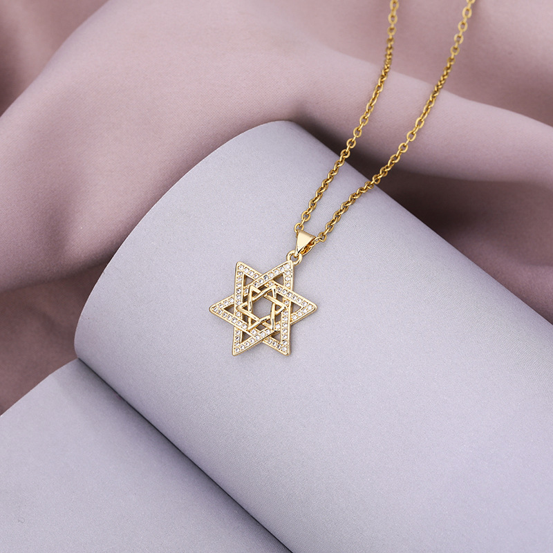 跨境以色列六芒星吊坠项链铜微镶锆石镀真金女小众设计感轻奢饰品
