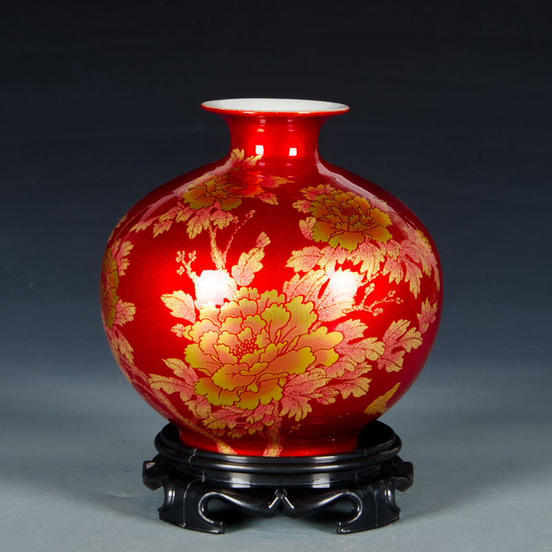 景德镇陶瓷器红色水晶釉石榴花瓶插花创意家居客厅装饰品摆件