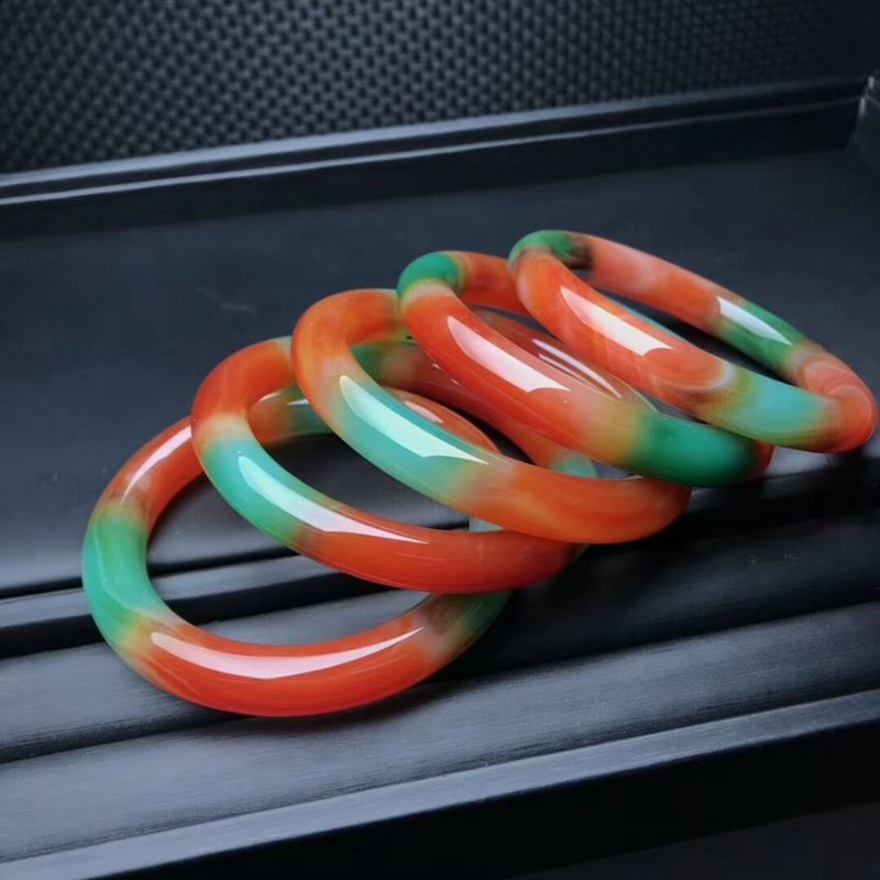 精美天然玛瑙色七彩玛瑙手镯女款巴西玛瑙圆条玉石镯子复古福镯