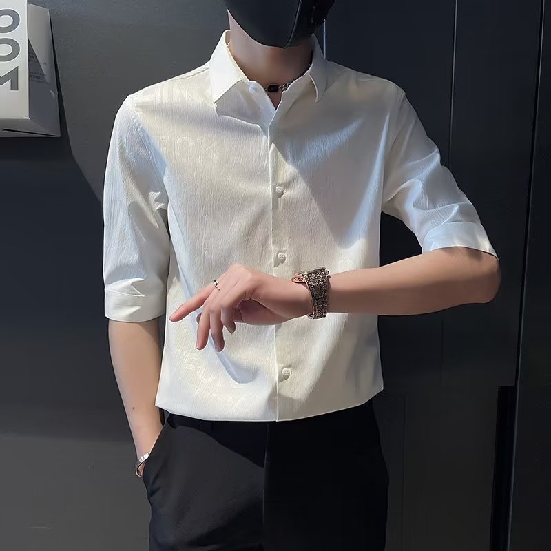 夏季新款七分袖衬衫男士感潮流痞帅修身字母印花潮牌翻领上衣衬衣