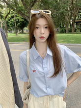韩系POLO领短袖衬衫外套女夏季蝴蝶结刺绣中长款叠穿半袖宽松上衣