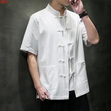 亚麻短袖衬衫男中国风夏季棉麻半袖衬衣复古盘扣唐装宽松大码上衣