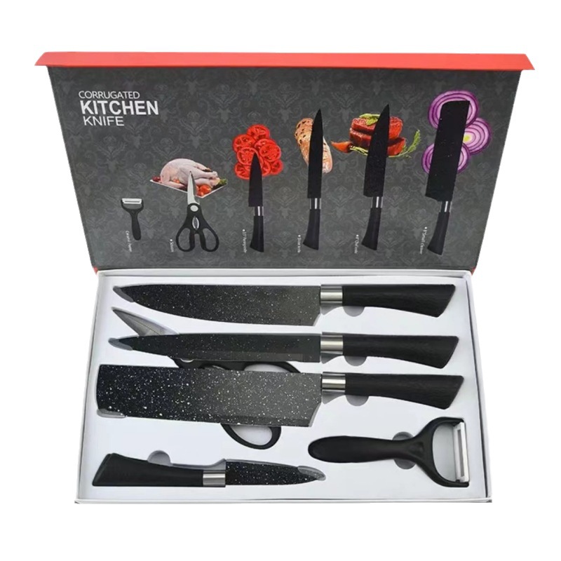 Stainless Steel Household Kitchen Knife Kit Painted Horseshoe Handle Starry Sky Ink Rice Stone Pattern Six-Piece Set