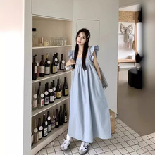 清新方领飞飞袖连衣裙女2024夏季设计感别致简约蓝色无袖长裙