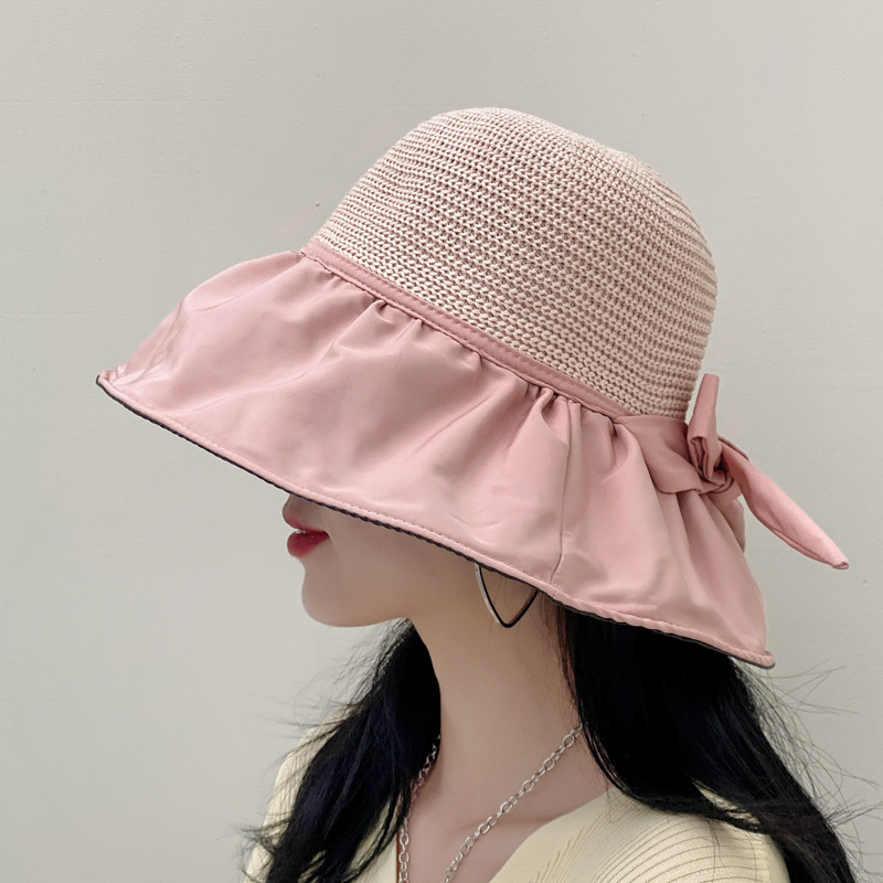 Sun Hat Female Summer Vinyl Bucket Hat Hollow-out Straw Hat Sun Protection Leisure Big Brim Face-Covering Sun Beach Hat Children