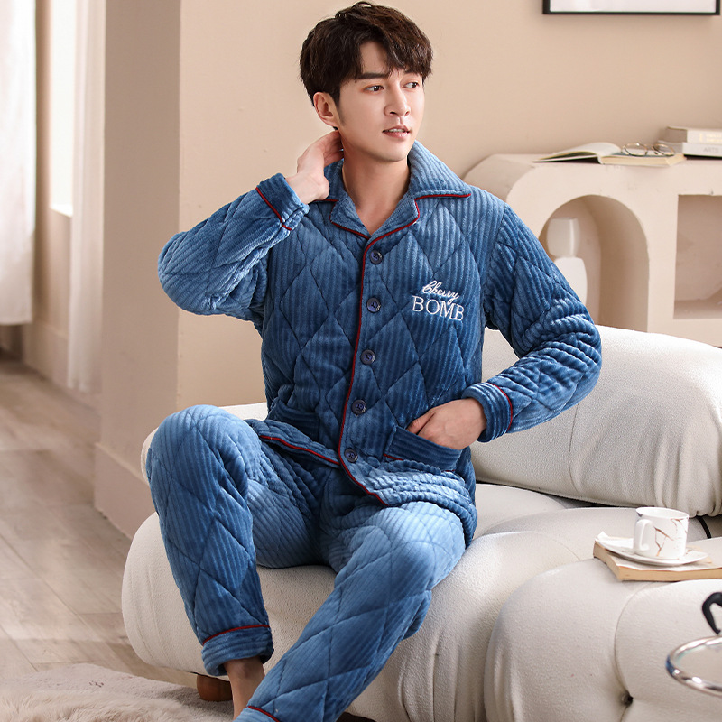 睡衣男士秋冬季冬天款珊瑚绒加绒加厚三层夹棉袄法兰绒家居服套装