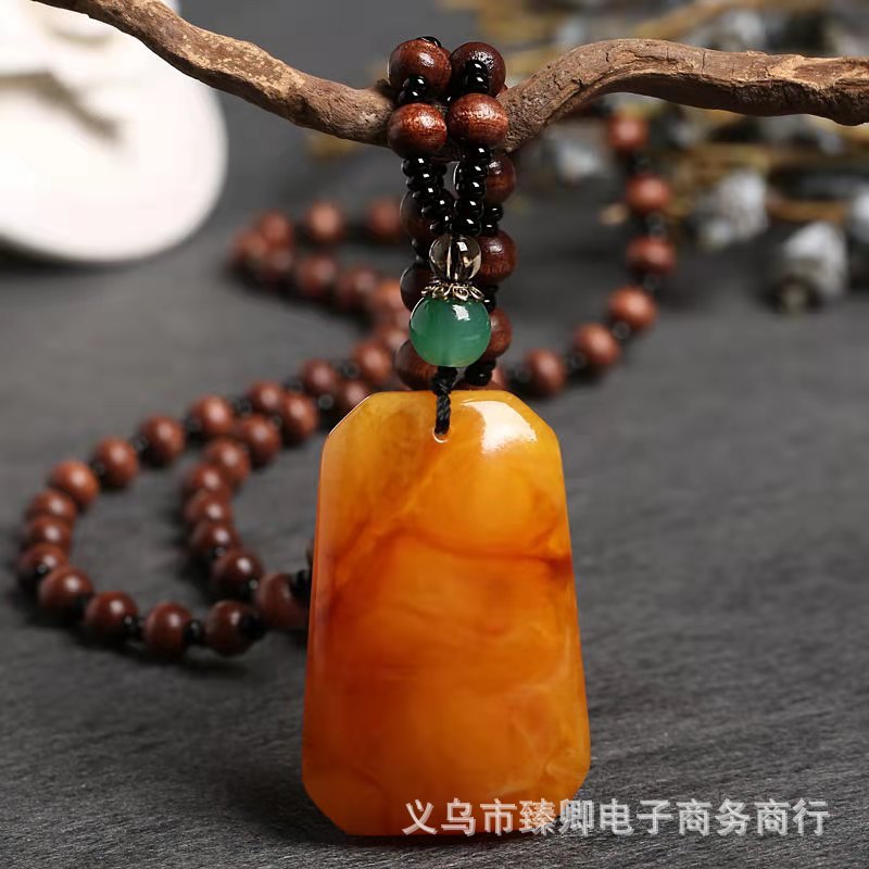 Retro Ethnic Style Old Beeswax Pendant Door Frame Long Necklace Women's Lucky Pendant Sweater Chain Cotton and Linen Women's Clothing Accessories