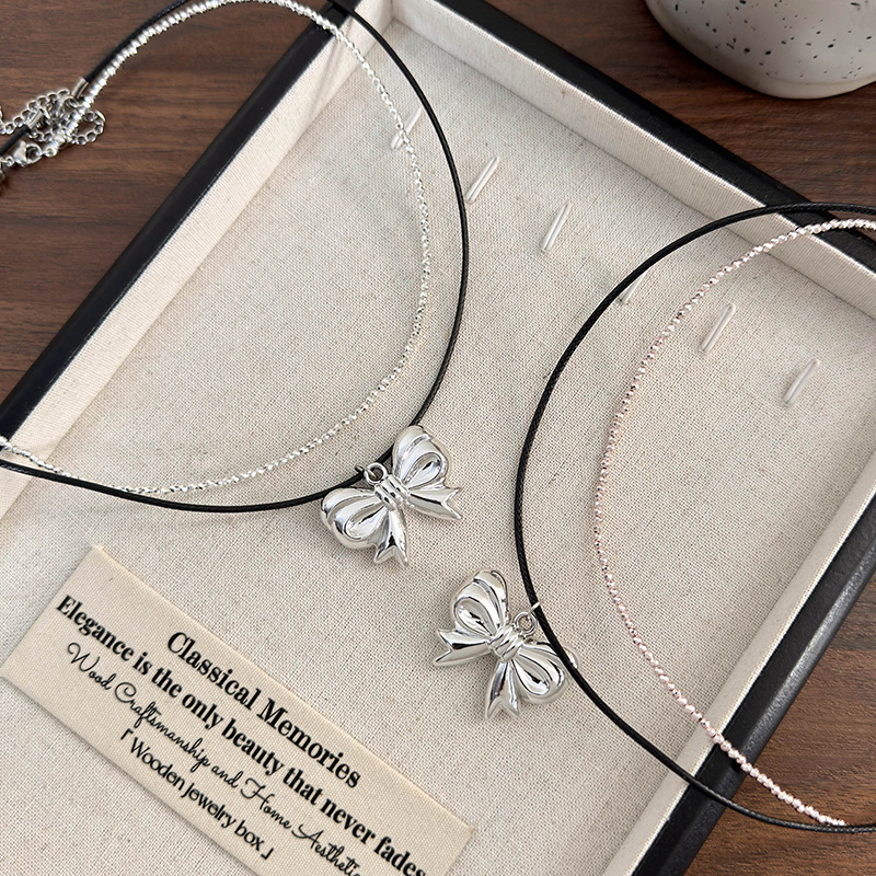 Korean Style New Shiny Beaded Silver Metal Bow Necklace Women's High-Grade Exquisite Sweet Double-Layer Clavicle Chain