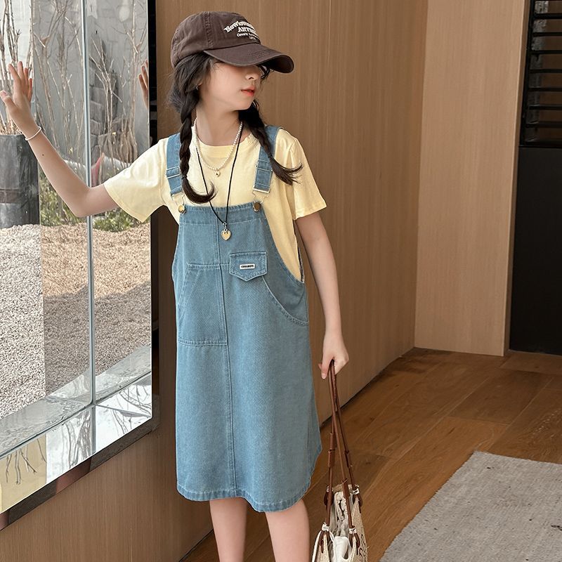 女童牛仔背带裙夏季2024新款洋气儿童女孩t恤休闲牛仔裙两件套装