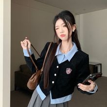 韩系学院风假两件衬衫女2024秋季新款polo领撞色短上衣
