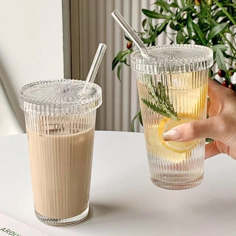 新款玻璃杯高颜值杯子简约水杯带盖奶茶咖啡杯礼品家用吸管杯百货