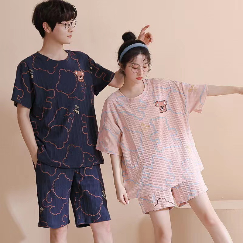 South Korea Couple Pajamas Women's Summer Short Sleeve Pure Simple Loose plus Size Summer Thin Cotton Student Homewear Cute Suit