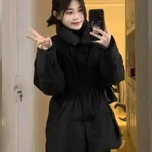 感收腰系带黑色棉服外套女2023冬季新款韩版小个子保暖棉衣