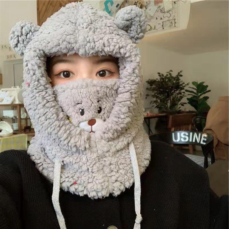 New Cute Bear Mask One-Piece Hat Women's Winter Cycling Thermal and Windproof Earmuffs Hat Scarf Winter Neck Warmer