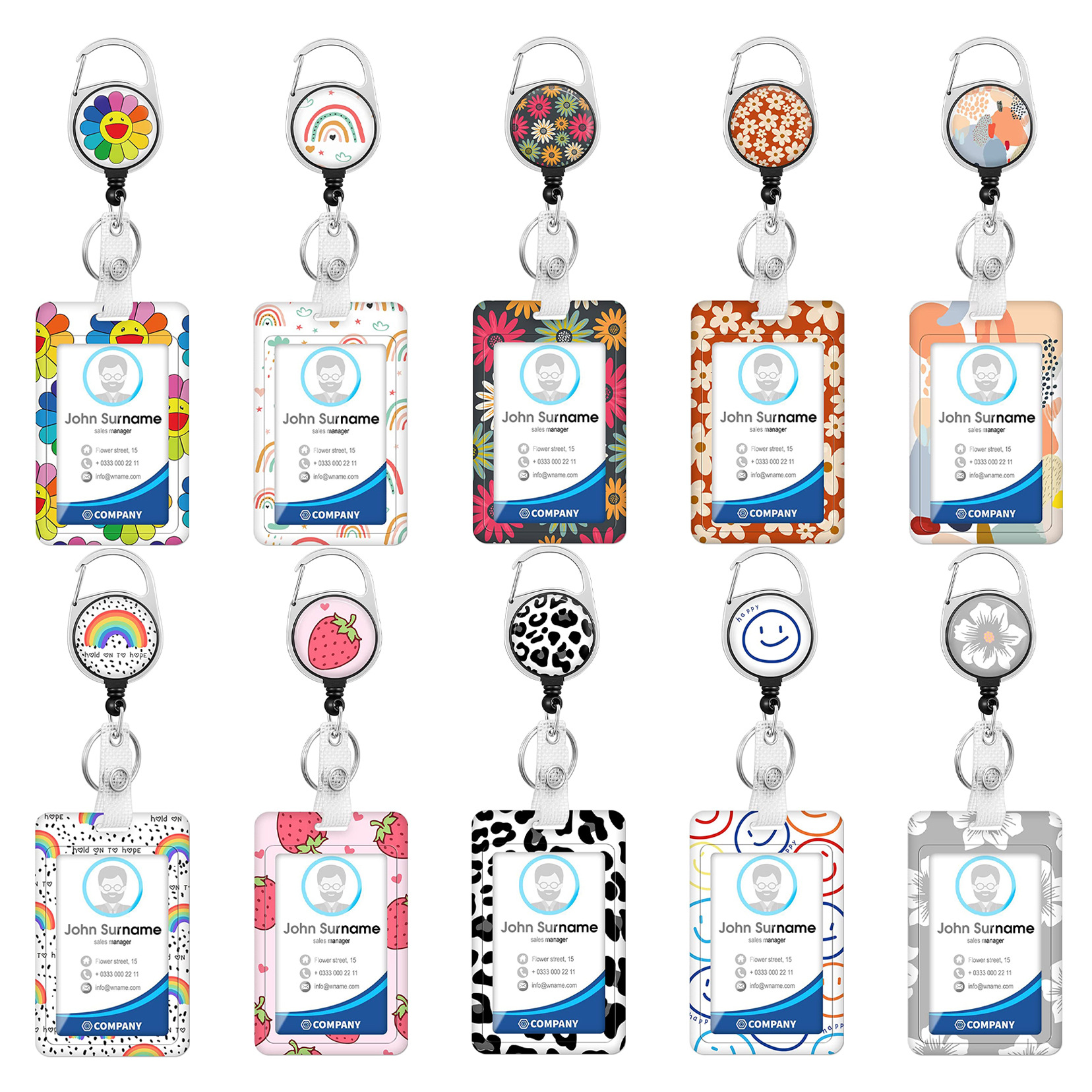 黑色锌合金滴胶太阳花易拉扣pvc彩虹印花卡套笑脸涤纶可拆卸挂绳