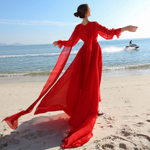 草原沙漠旅游拍照女装红色收腰连衣裙海边度假拖地长裙子