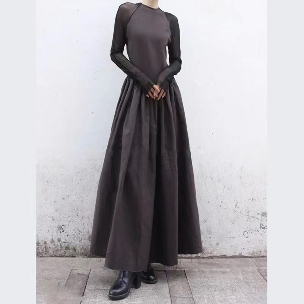 小众设计网纱拼接长裙正反两穿纽扣长袖裙子2024秋冬新款-阿里巴巴