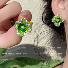 夏季小清新绿色水晶石花朵耳钉女2023新款洋气耳环小众设计感耳饰