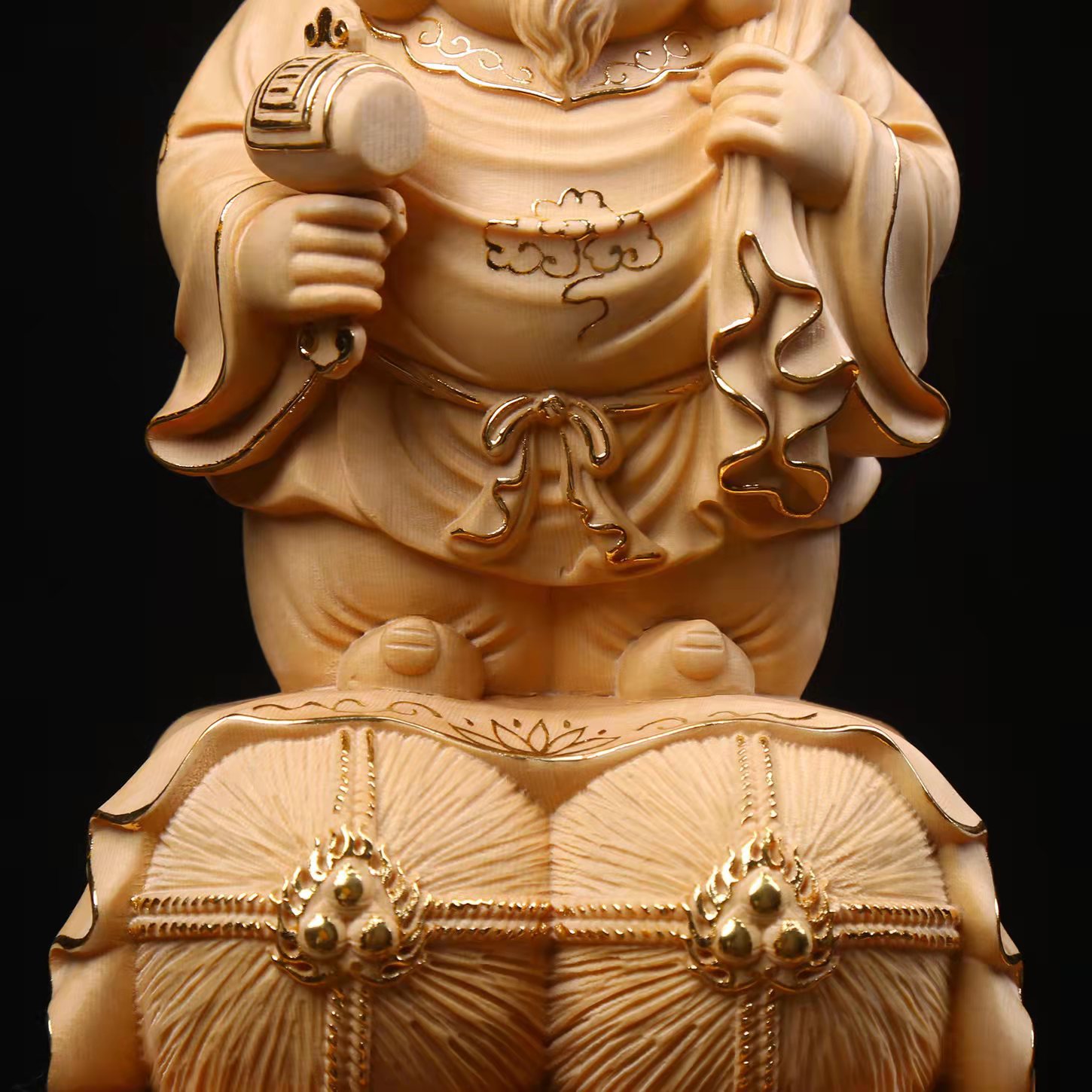 榉木三面大黑天财神喜神摆件 布袋举锤黑天佛像室内前台装饰摆放