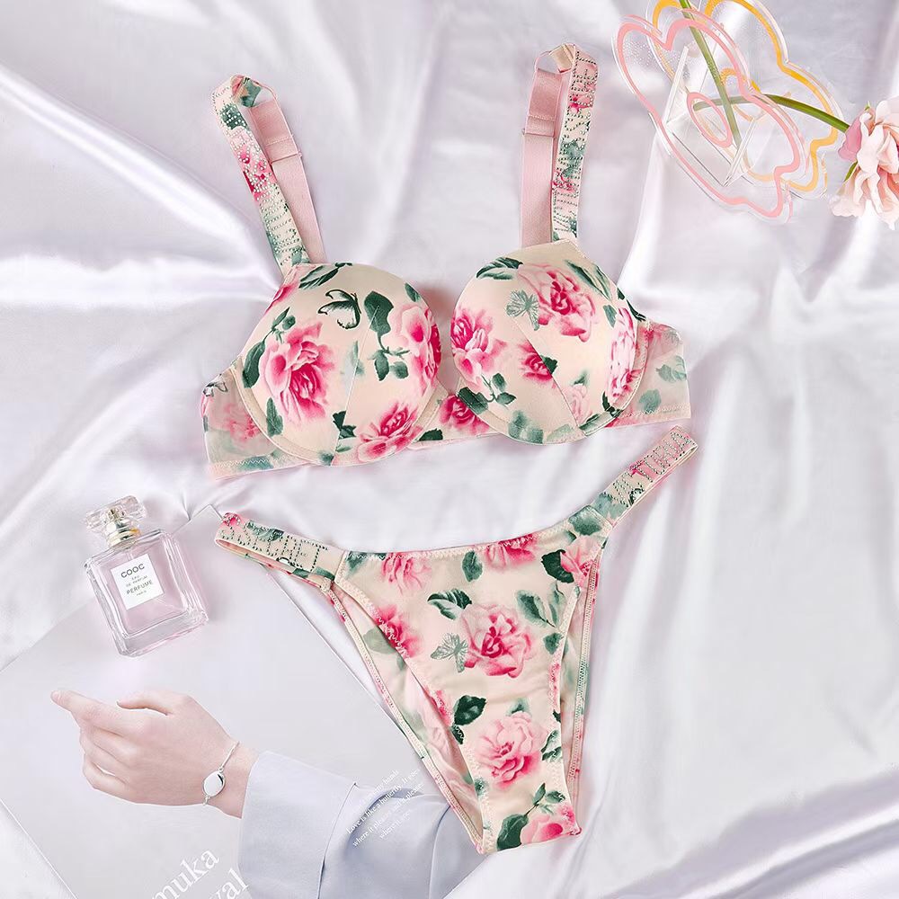 外贸跨境速卖通光面印花维多利亚的内衣女士秘密文胸套装