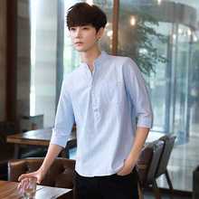 天蓝色衬衫男立领韩版潮流棉麻短袖寸衫夏季薄款七分袖中袖男上衣