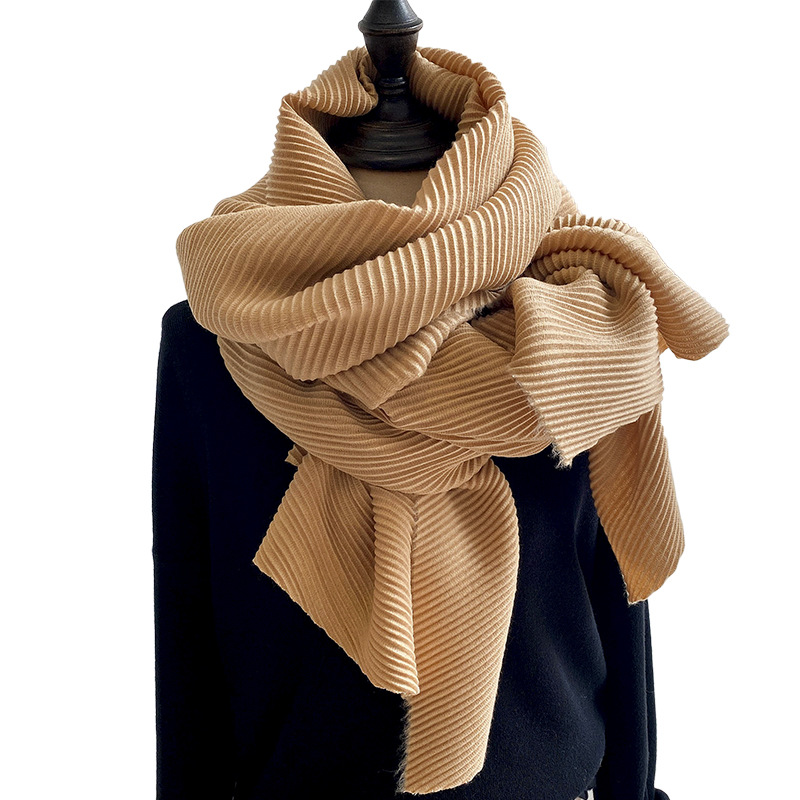 Heavy Sanding! Three-Pick Pleated Texture Scarf Women's Autumn and Winter Korean Style All-Matching Long Solid Color Shawl Dual-Use