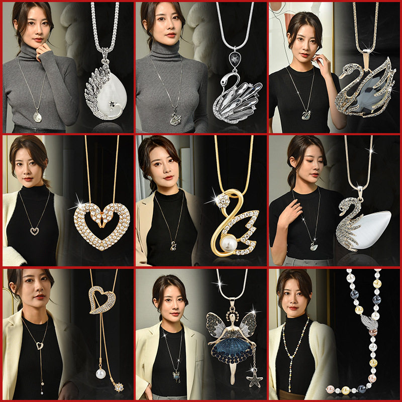 Factory direct sales crystal flower autumn and winter sweater chain inlaid with diamond high-grade temperament long autumn and winter fringe pearl necklace Specification drawing
