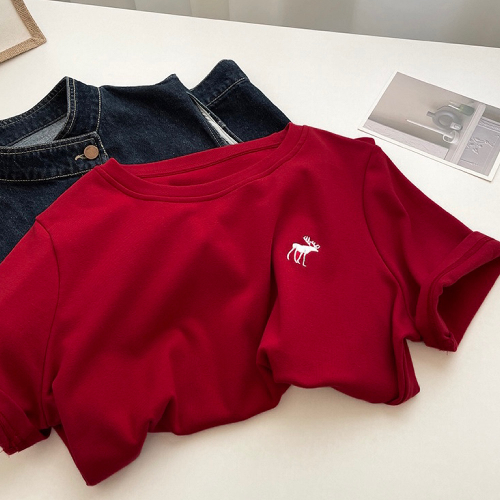 小鹿刺绣加厚磨毛圆领短袖t恤女 2024春季宽松显瘦休闲百搭上衣