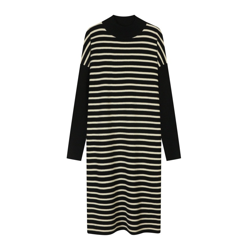 Factory Direct Supply Lazy Style Long Sleeve Striped Knitted Dress 2023 New Mid-Length Autumn and Winter Sweater Straight Skirt