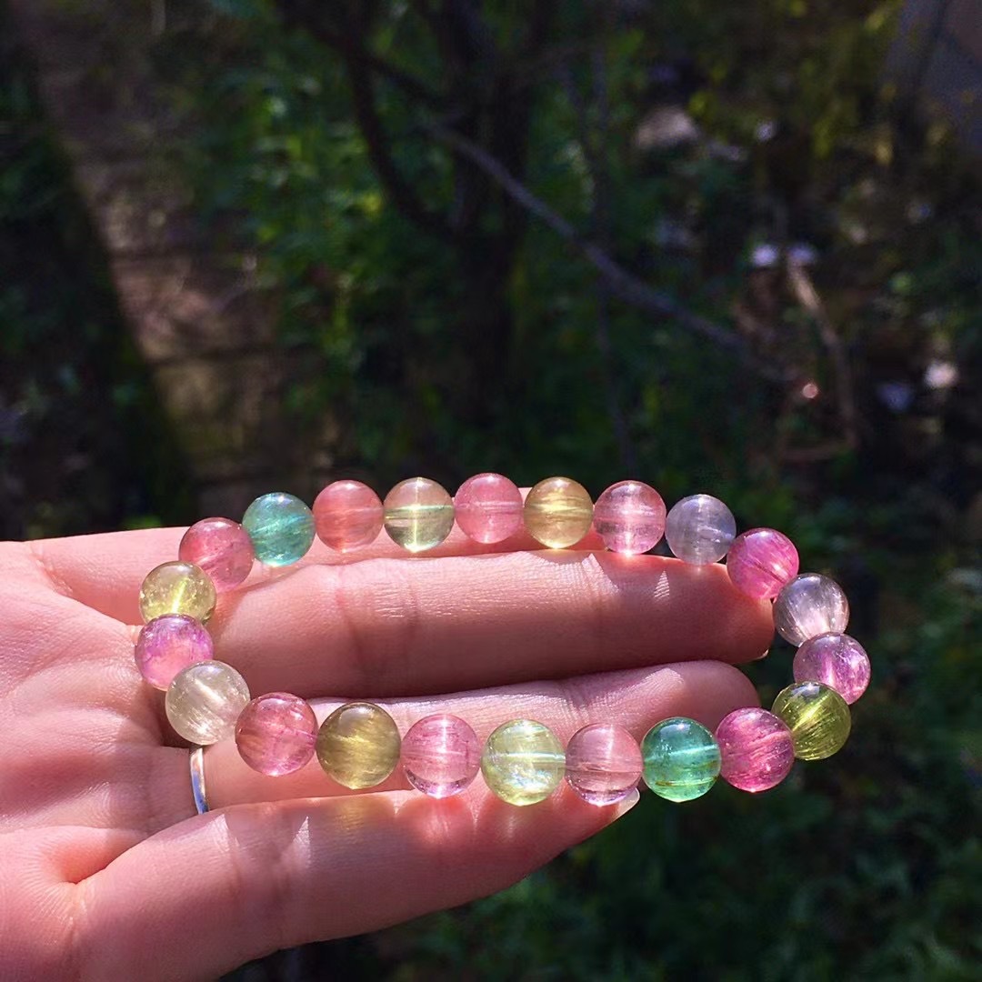 天然西瓜碧玺猫眼手链女款单圈七彩猫眼碧玺手串 彩虹色系