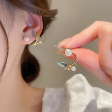 S925银针镶钻蓝白叶子珍珠耳钉气质温柔树叶小众设计一款两戴耳环