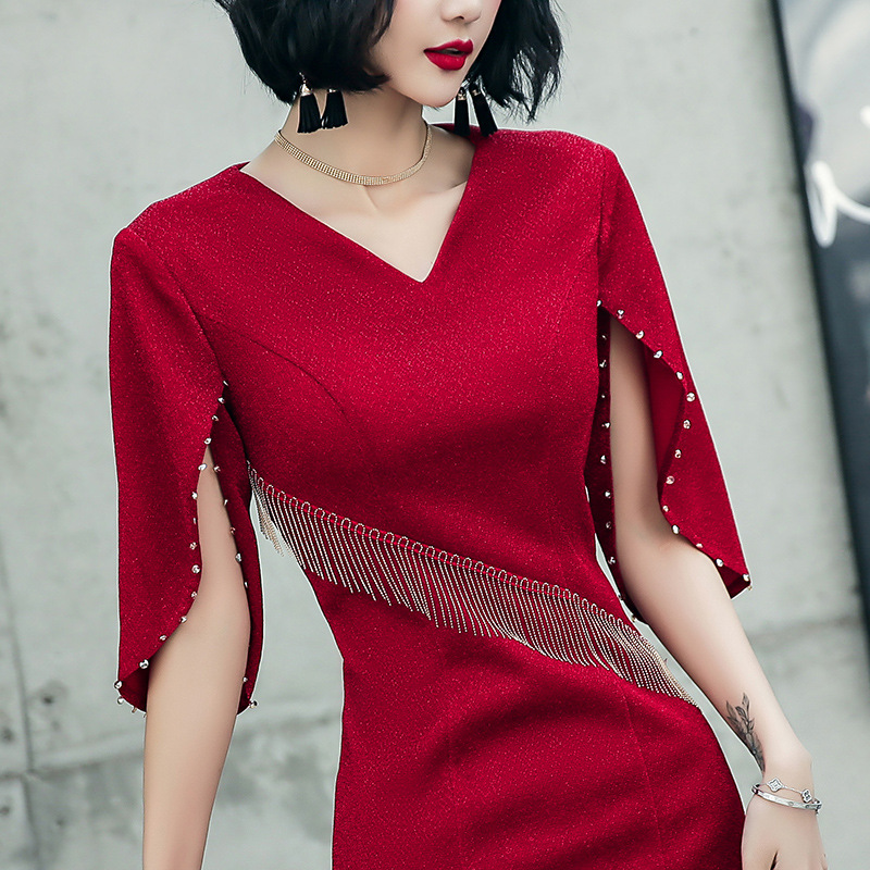 女显敬酒主持修身酒气质性感结婚订婚新娘瘦晚礼服短款红色夏季服