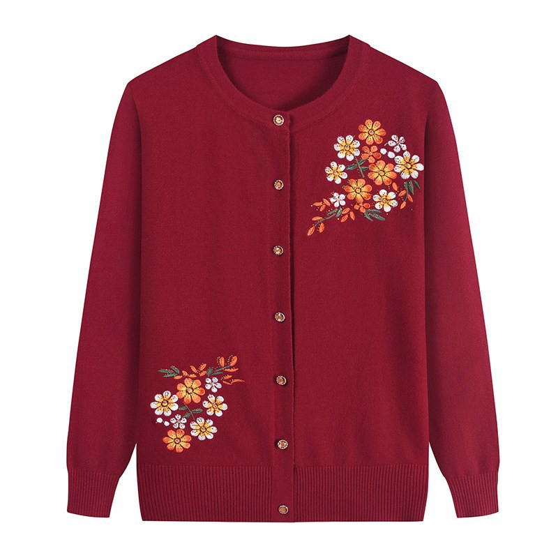 Middle-Aged Mom Spring and Autumn Wear Grandma Sweater Old Lady Sweater Western Style Embroidered round Neck Small Cardigan Coat Top