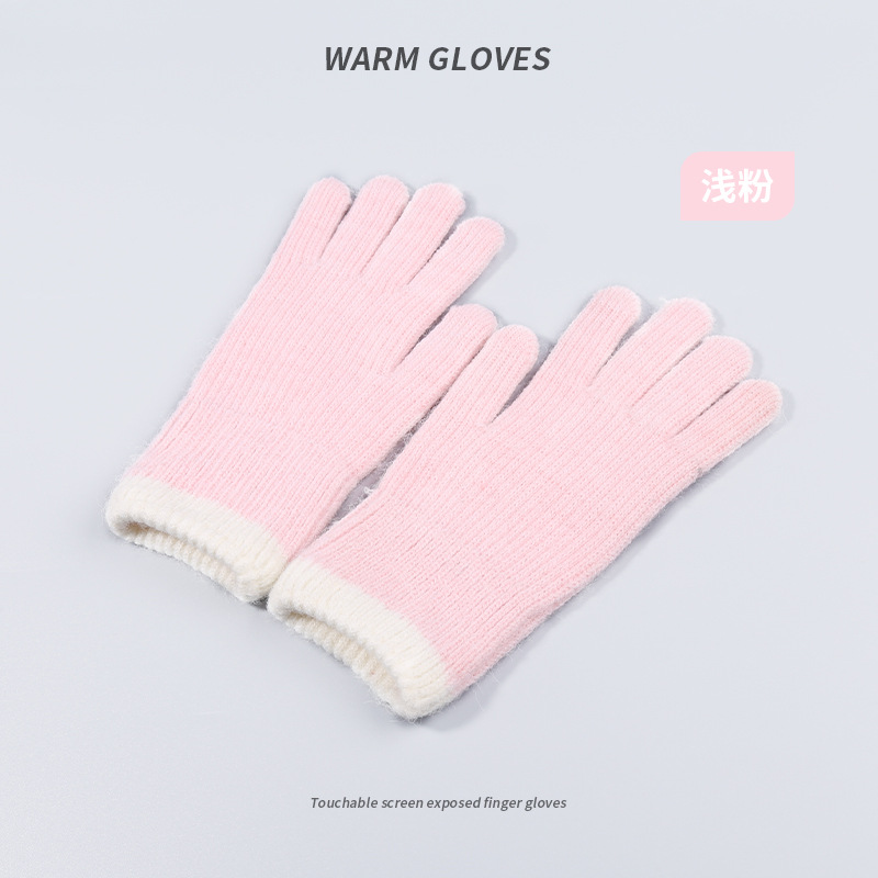 Winter Warm Gloves Women's Open Finger Touch Screen Wool Knitted Gloves Riding Cold-Proof Korean Style Student Autumn and Winter Gloves