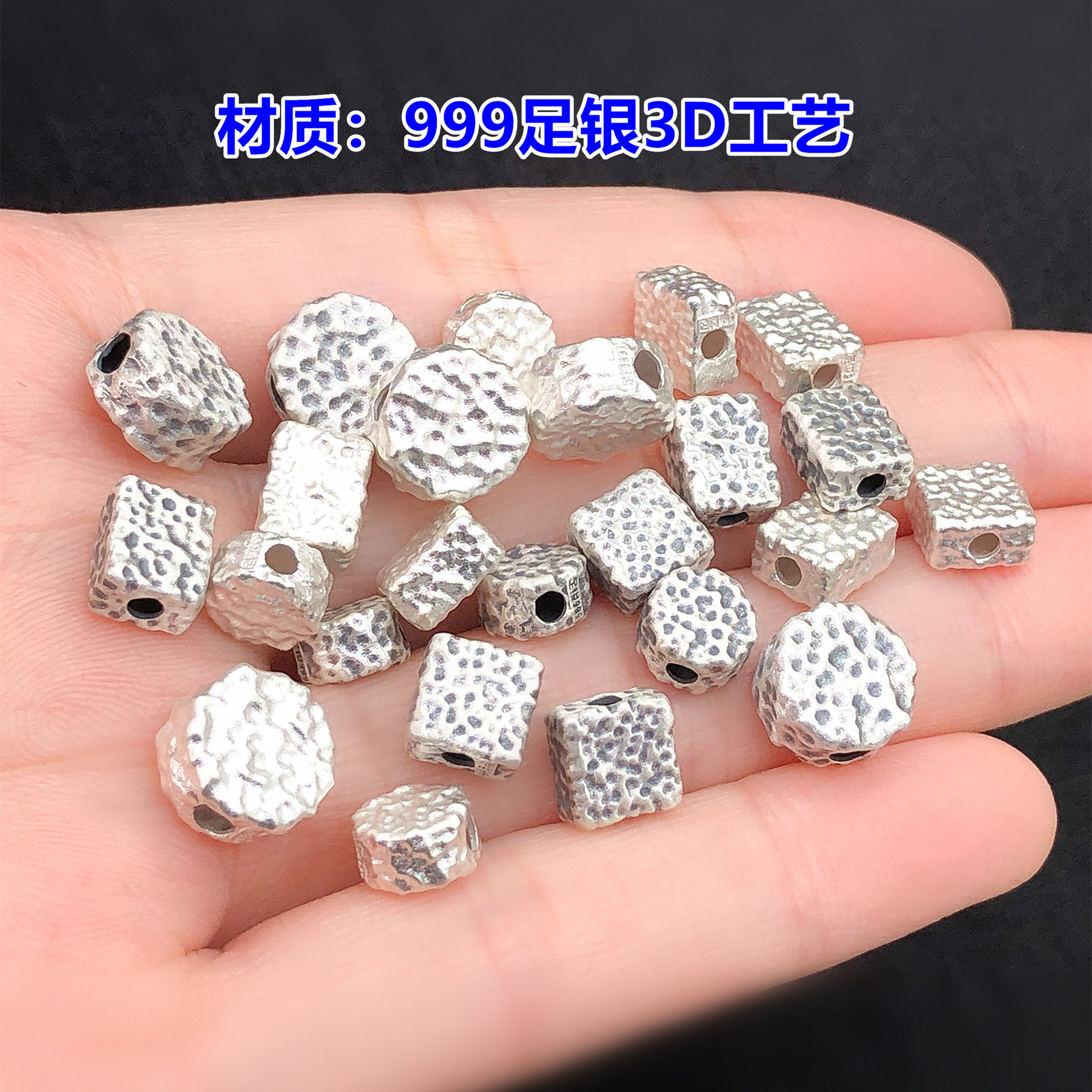 s999 pure silver handmade hammered square spacer beads, barrel beads, crystal accessories for DIY woven bracelets and necklaces