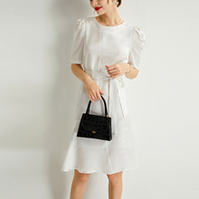 裙子显瘦连衣裙遮肉时尚2024新款圆领收腰系带白色提花真丝仙女裙
