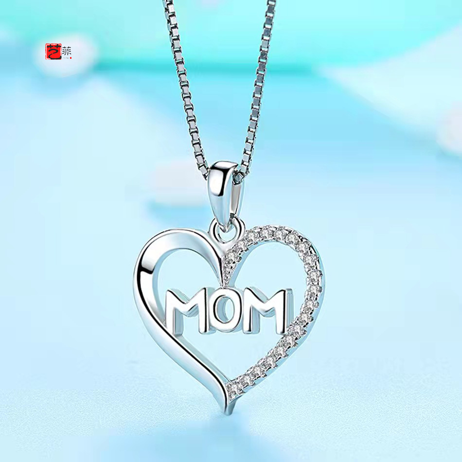 母亲节礼物 s925纯银心形镂空镶嵌锆石mom吊坠项链 跨境热卖