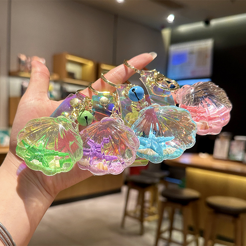 跨境入油海星贝壳流沙瓶亚克力钥匙扣精美夹娃娃机漂浮汽车钥匙扣