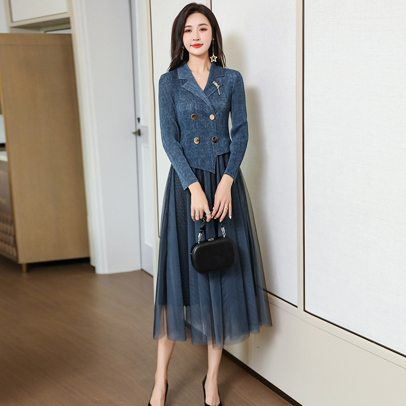 西装领网纱长款连衣裙2022春新款气质ol女神范御姐轻熟双排扣长裙