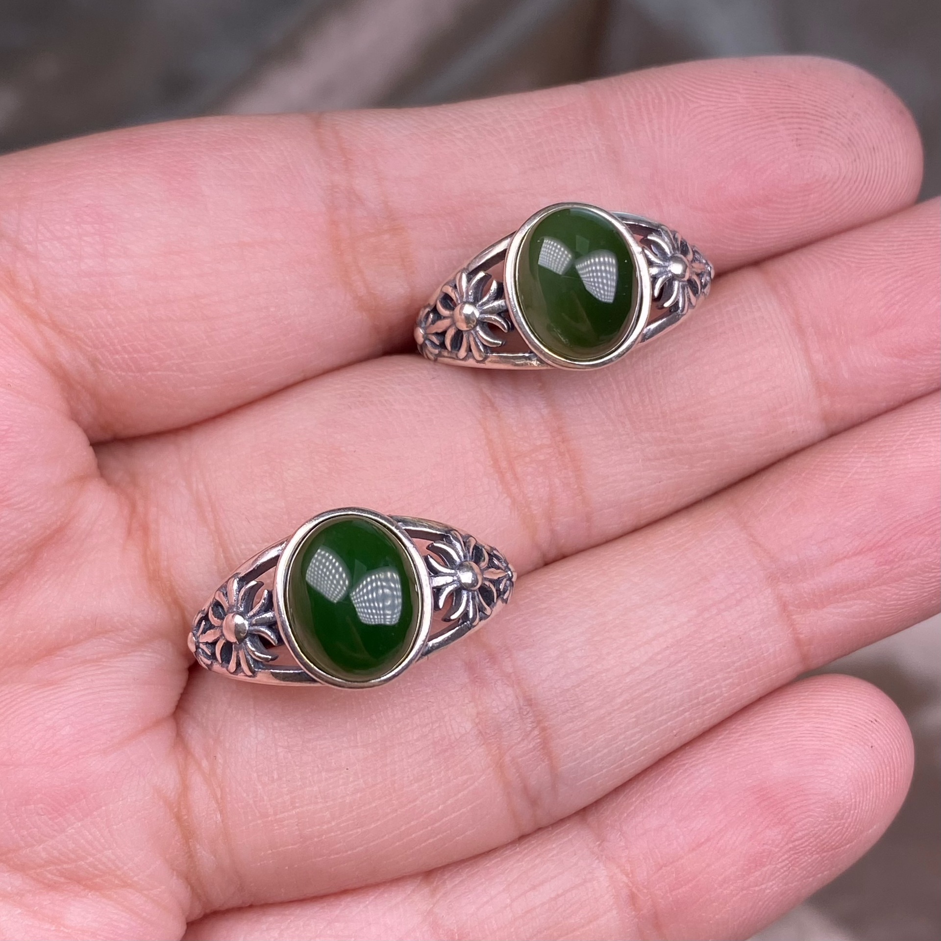 和田碧玉戒指s925银镶嵌复古宽版镂空日常百搭手饰品无杂俄料碧玉