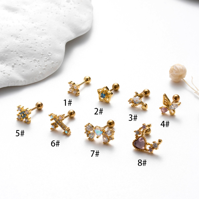 New Stainless Steel Double-End Screw Thin Rod Stud Earrings Cross Butterfly Zircon Fashion All-Match Ear Bone Stud Single