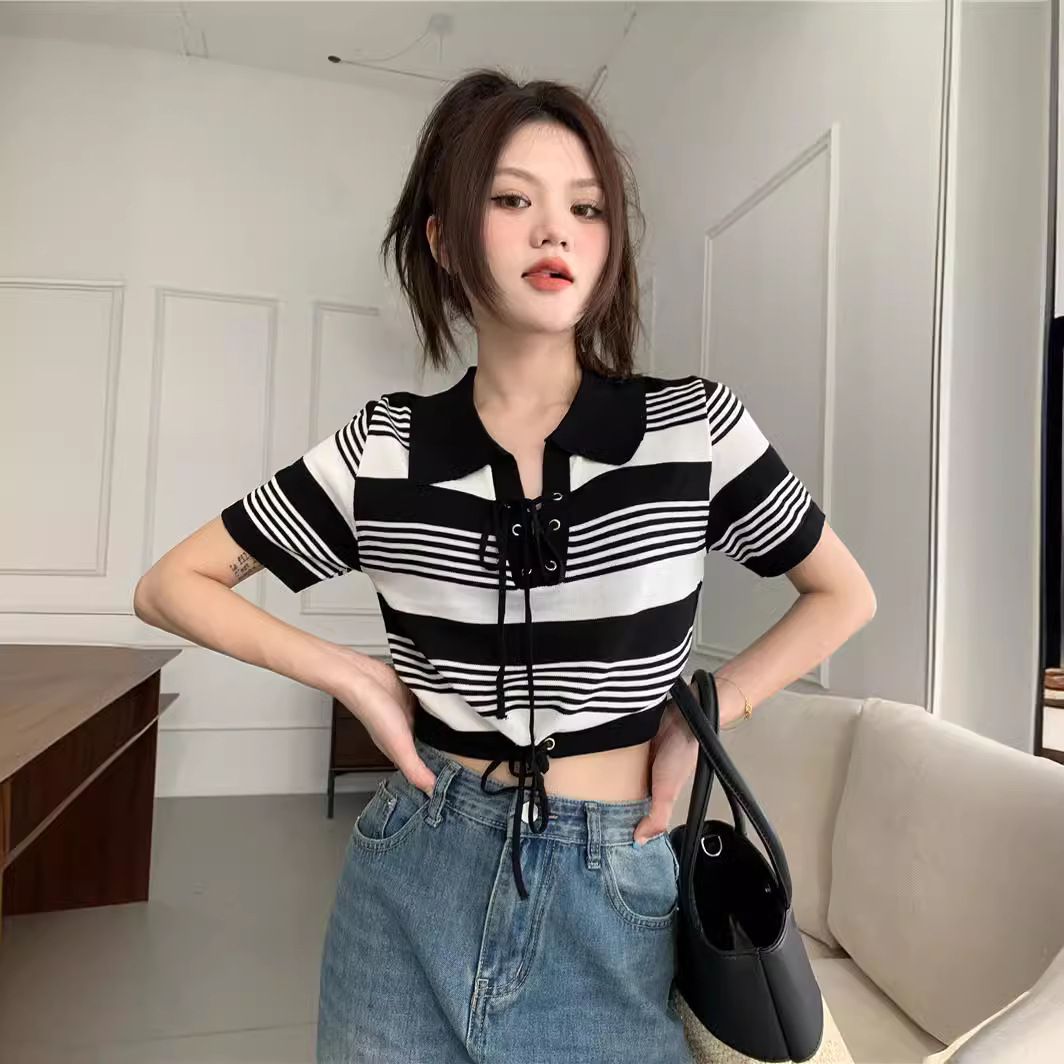 黑色polo领条纹短袖t恤女夏季2024新款设计感小众短款削肩上衣服