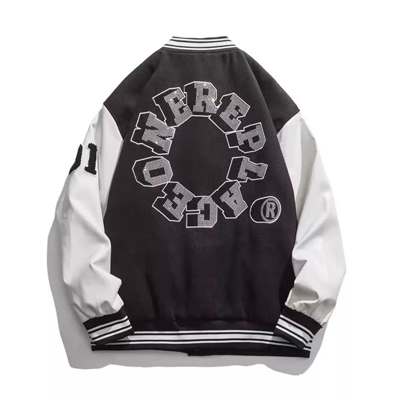 vintage美式棒球服烫钻男女ins潮牌春秋季宽松bf拼接夹克外套上衣
